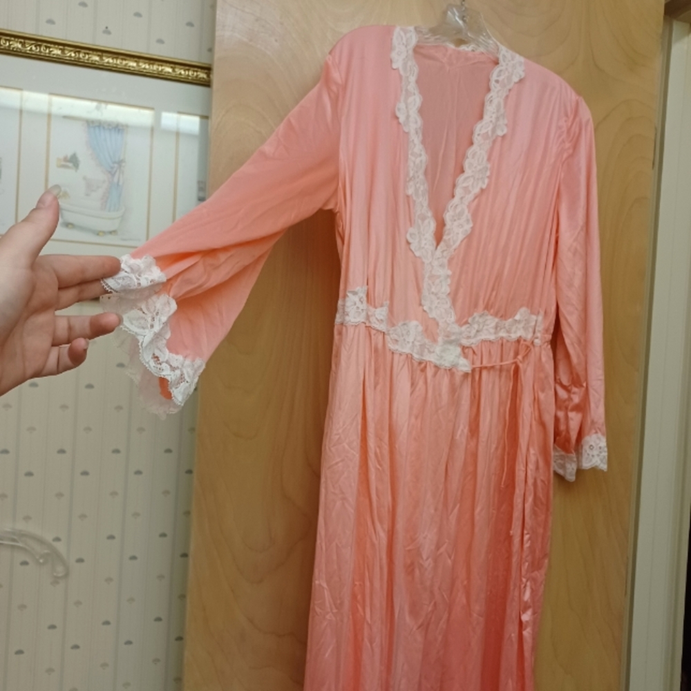 Pink Lace Vintage Maxi NightGown Dress M Cardigan